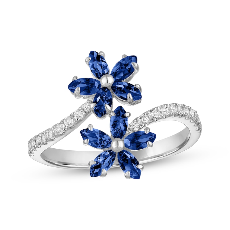 Main Image 1 of Marquise-Cut Blue Lab-Created Sapphire & White Lab-Created Sapphire Flower Bypass Ring Sterling Silver