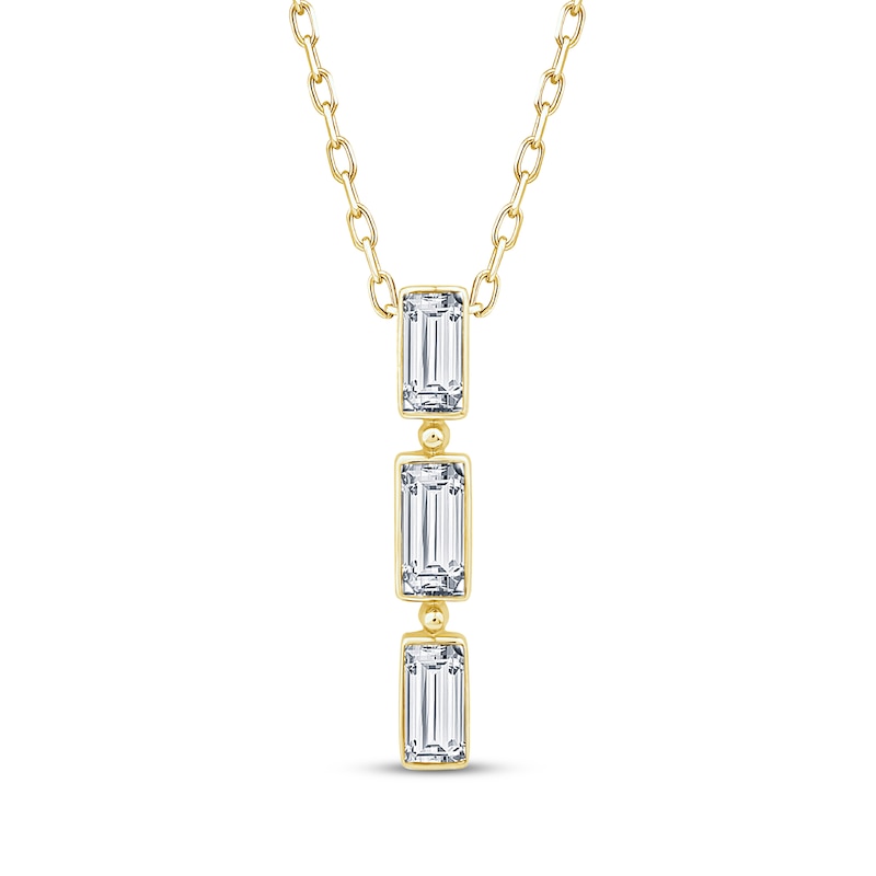 Main Image 1 of KAY Lab-Grown Diamonds Baguette-Cut Three-Stone Necklace 1/2 ct tw 10K Yellow Gold 18"