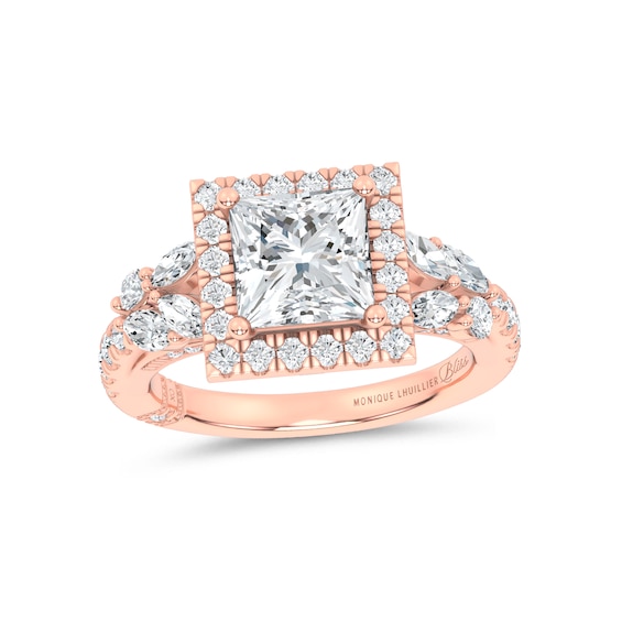 Monique Lhuillier Bliss Lab-Grown Diamond Princess-Shaped Halo Engagement Ring Setting 7/8 ct tw 14K Rose Gold