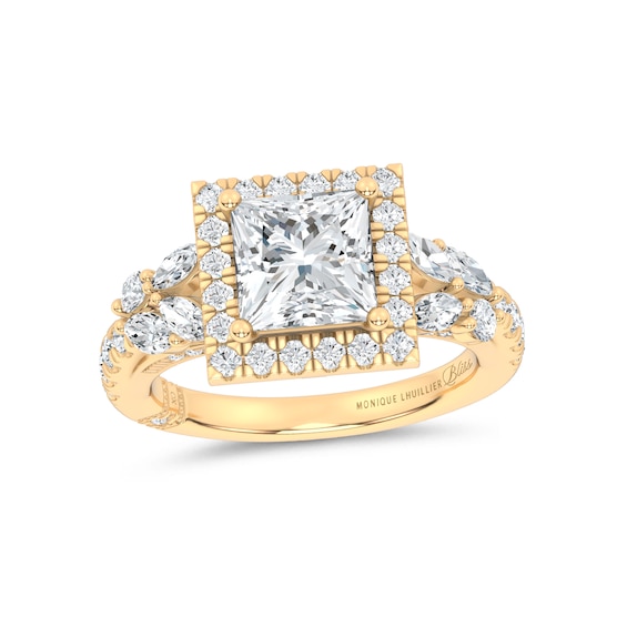 Monique Lhuillier Bliss Lab-Grown Diamond Princess-Shaped Halo Engagement Ring Setting 7/8 ct tw 18K Yellow Gold