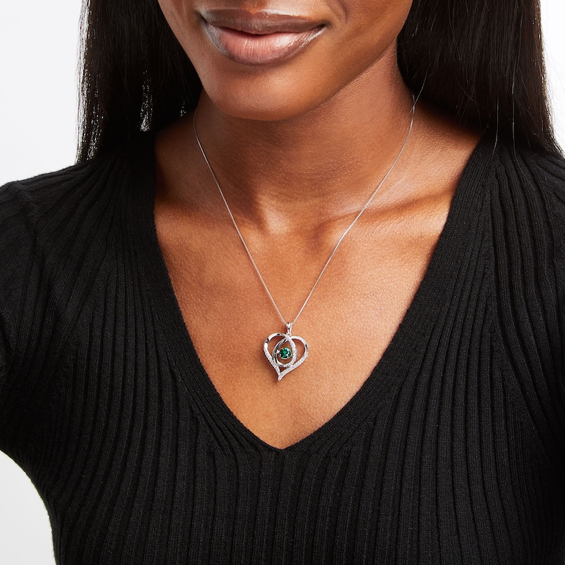 Main Image 2 of Unstoppable Love Lab-Created Emerald & White Lab-Created Sapphire Heart Loop Necklace Sterling Silver 18&quot;