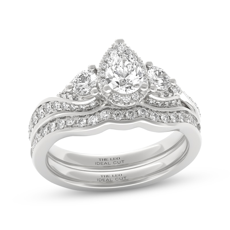 Main Image 1 of THE LEO Ideal Cut Diamond Pear-Shaped Three-Stone Bridal Set 1-1/8 ct tw 14K White Gold