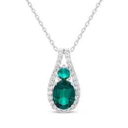 Oval & Round-Cut Lab-Created Emerald, White Lab-Created Sapphire Necklace Sterling Silver 18&quot;