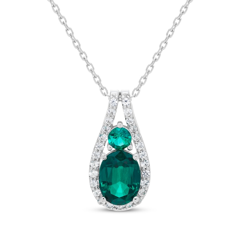 Main Image 1 of Oval & Round-Cut Lab-Created Emerald, White Lab-Created Sapphire Necklace Sterling Silver 18&quot;
