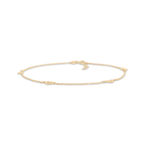 Heart & Bow Station Anklet Solid 10K Yellow Gold 10"
