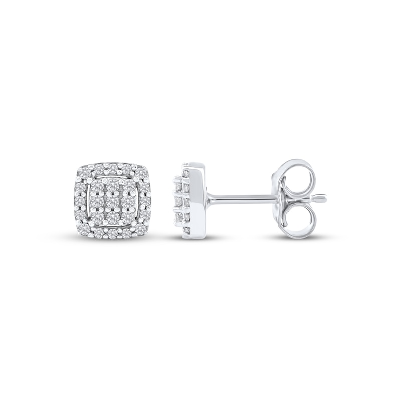 Main Image 3 of Multi-Diamond Cushion Halo Stud Earrings 1/5 ct tw 10K White Gold