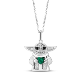 Star Wars Grogu Heart-Shaped Malachite & Diamond Necklace 1/15 ct tw Sterling Silver 18"