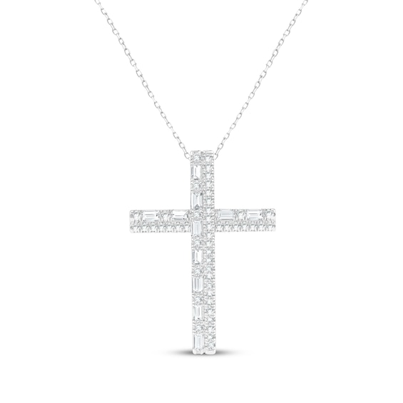 Baguette & Round-Cut Diamond Cross Necklace 1/3 ct tw 10K White Gold 18"