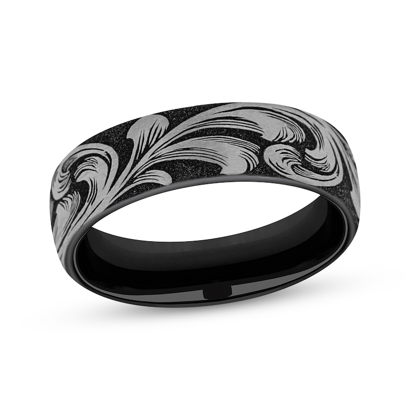 Main Image 1 of Now & Forever Men's Botanical Pattern Wedding Band Matte Black Titanium 6.5mm