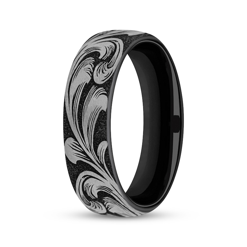 Main Image 2 of Now & Forever Men's Botanical Pattern Wedding Band Matte Black Titanium 6.5mm