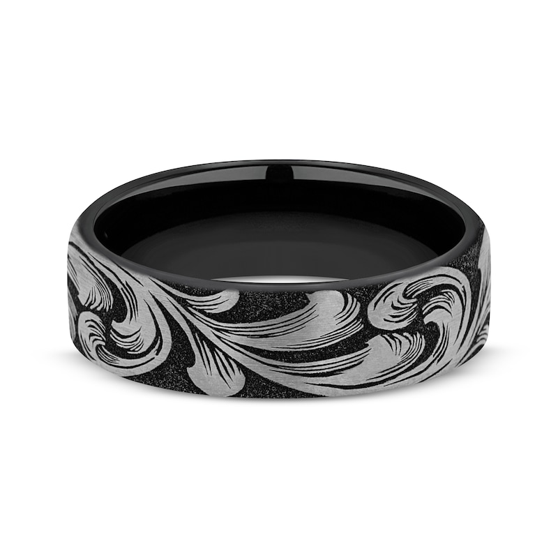 Main Image 3 of Now & Forever Men's Botanical Pattern Wedding Band Matte Black Titanium 6.5mm