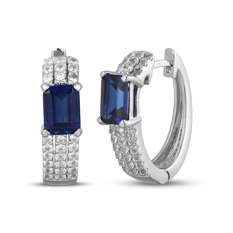 Main Image 1 of Emerald-Cut Blue Lab-Created Sapphire & White Lab-Created Sapphire Huggie Hoop Earrings Sterling Silver