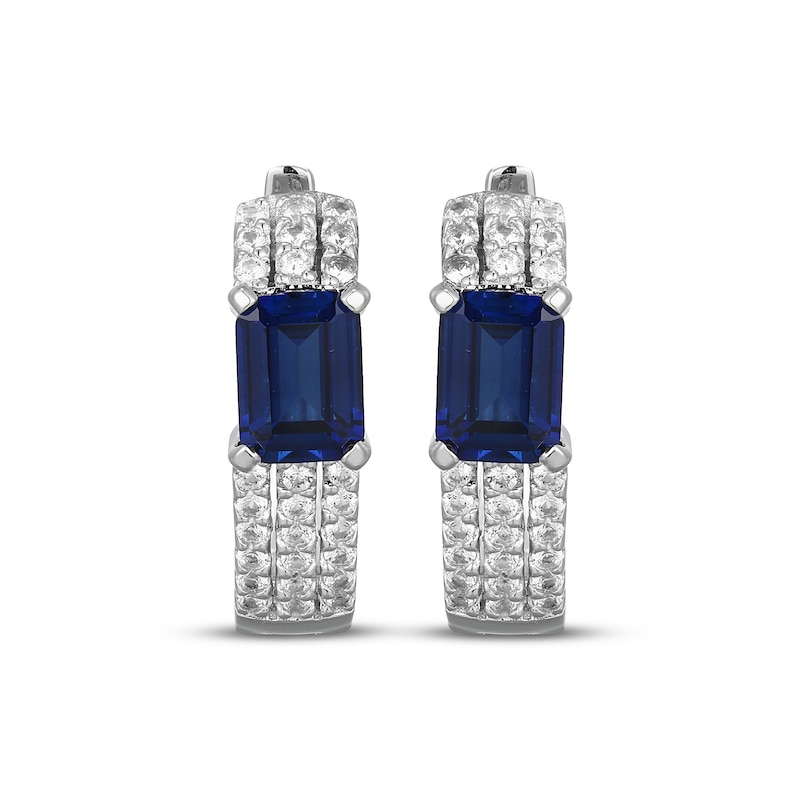 Main Image 2 of Emerald-Cut Blue Lab-Created Sapphire & White Lab-Created Sapphire Huggie Hoop Earrings Sterling Silver
