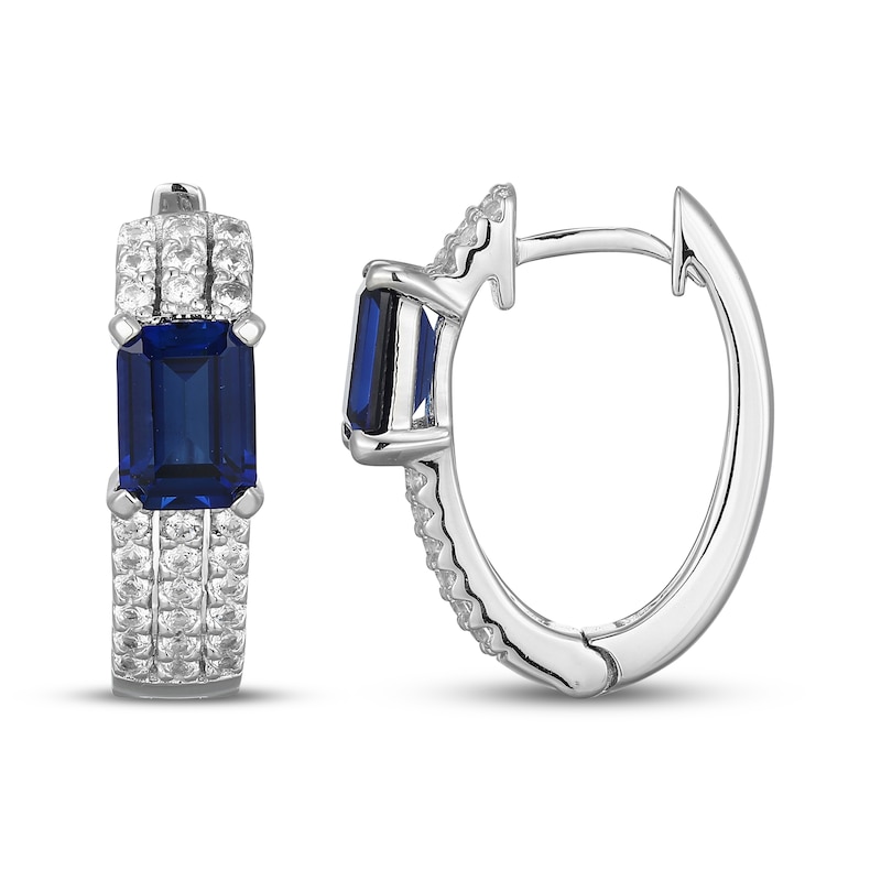 Main Image 3 of Emerald-Cut Blue Lab-Created Sapphire & White Lab-Created Sapphire Huggie Hoop Earrings Sterling Silver