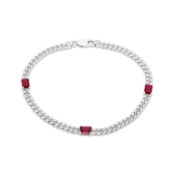 Octagon-Cut Lab-Created Ruby Station Curb Chain Bracelet Sterling Silver 6.75"
