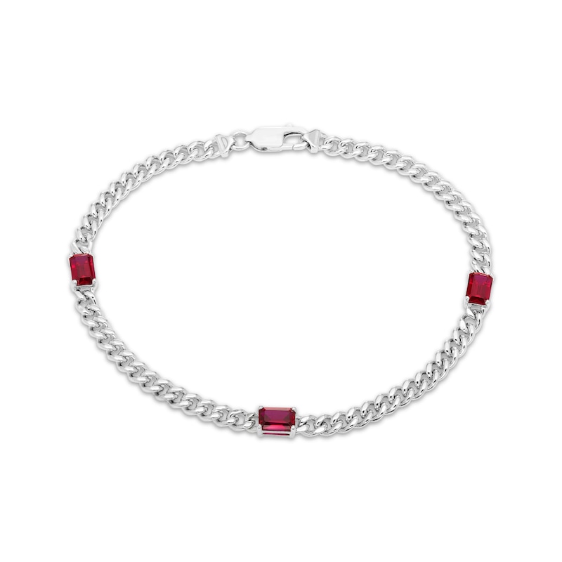 Main Image 1 of Octagon-Cut Lab-Created Ruby Station Curb Chain Bracelet Sterling Silver 6.75&quot;