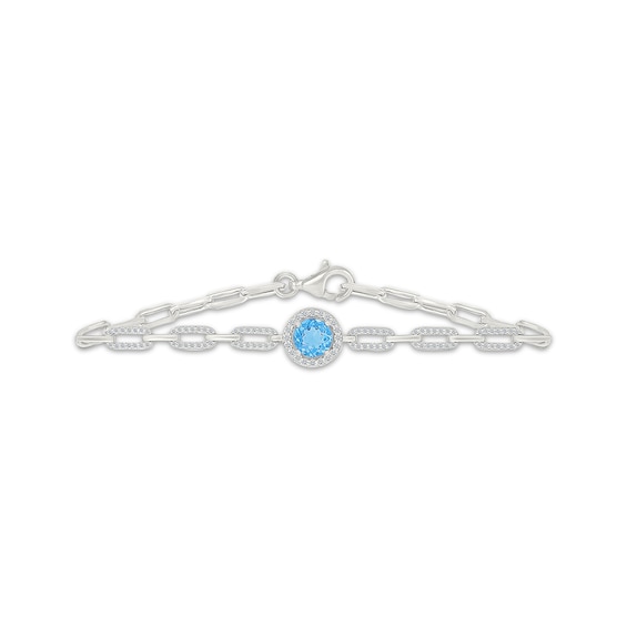 Swiss Blue Topaz & White Lab-Created Sapphire Chain Link Bracelet Sterling Silver 7.5"