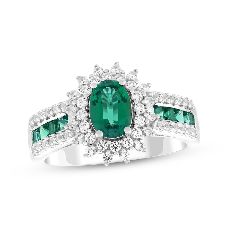 Main Image 1 of Oval-Cut Lab-Created Emerald & White Lab-Created Sapphire Starburst Halo Ring Sterling Silver
