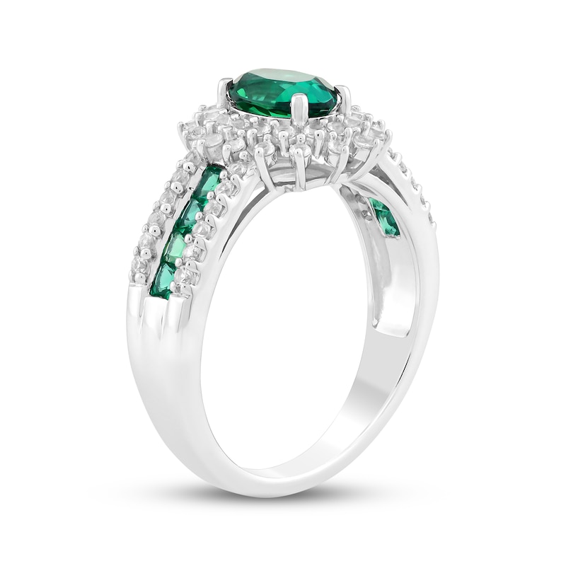 Main Image 2 of Oval-Cut Lab-Created Emerald & White Lab-Created Sapphire Starburst Halo Ring Sterling Silver