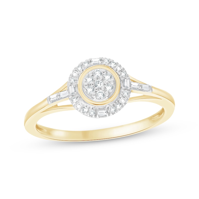 Main Image 1 of Baguette & Round-Cut Multi-Diamond Halo Promise Ring 1/6 ct tw 10K Yellow Gold