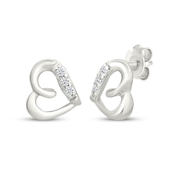 Diamond Accent Mini Tilted Heart Stud Earrings Sterling Silver