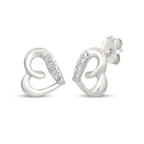 Diamond Accent Mini Tilted Heart Stud Earrings Sterling Silver