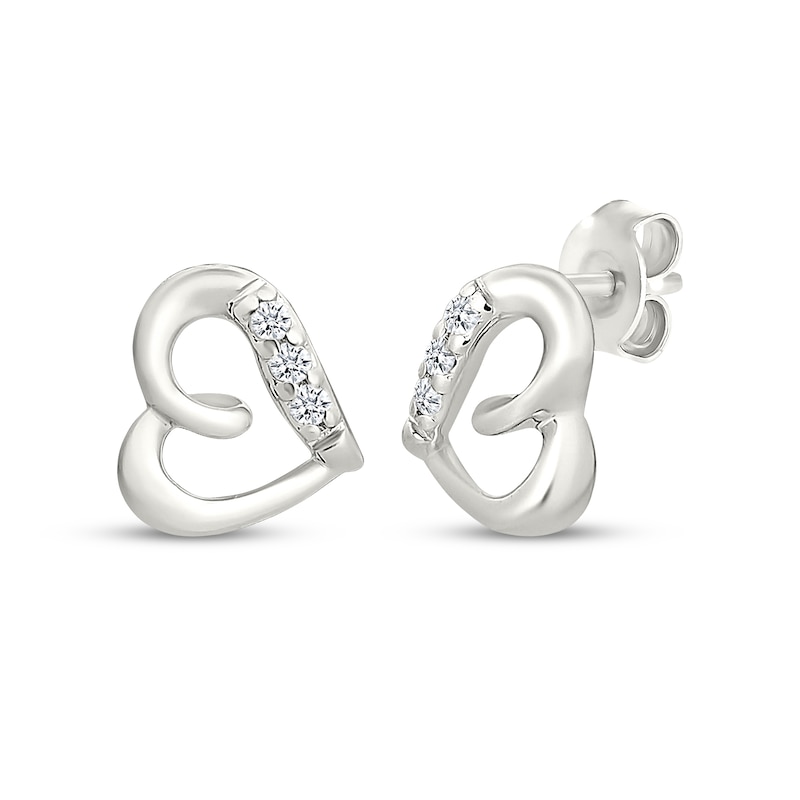 Main Image 1 of Diamond Accent Mini Tilted Heart Stud Earrings Sterling Silver