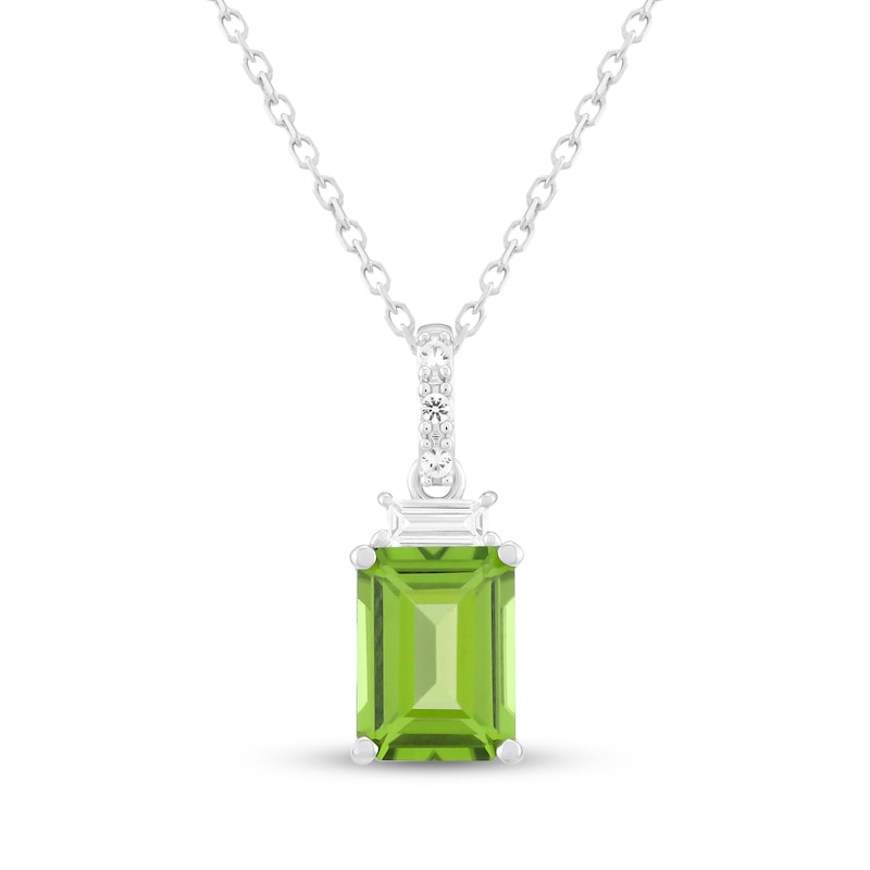Main Image 1 of Emerald-Cut Peridot & White Lab-Created Sapphire Necklace Sterling Silver 18"