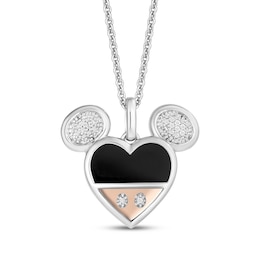 Disney Treasures Mickey Mouse Diamond & Black Onyx Heart Necklace 1/8 ct tw Sterling Silver & 10K Rose Gold 19"