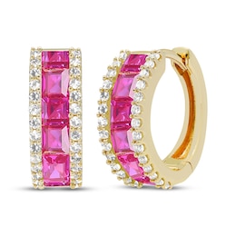 Square-Cut Lab-Created Ruby & White Lab-Created Sapphire Hoop Earrings 10K Yellow Gold