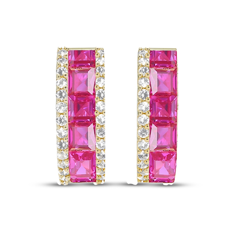 Main Image 2 of Square-Cut Lab-Created Ruby & White Lab-Created Sapphire Hoop Earrings 10K Yellow Gold