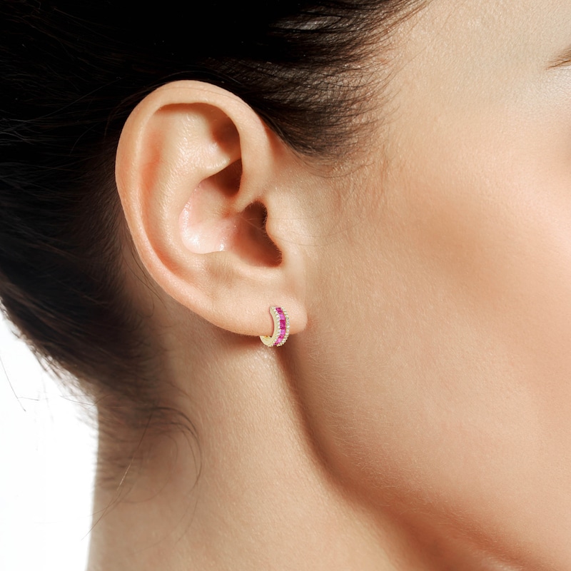 Main Image 3 of Square-Cut Lab-Created Ruby & White Lab-Created Sapphire Hoop Earrings 10K Yellow Gold