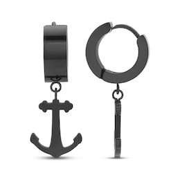 Men's Anchor Dangle Huggie Hoop Earrings Black Ion-Plated Stainless Steel
