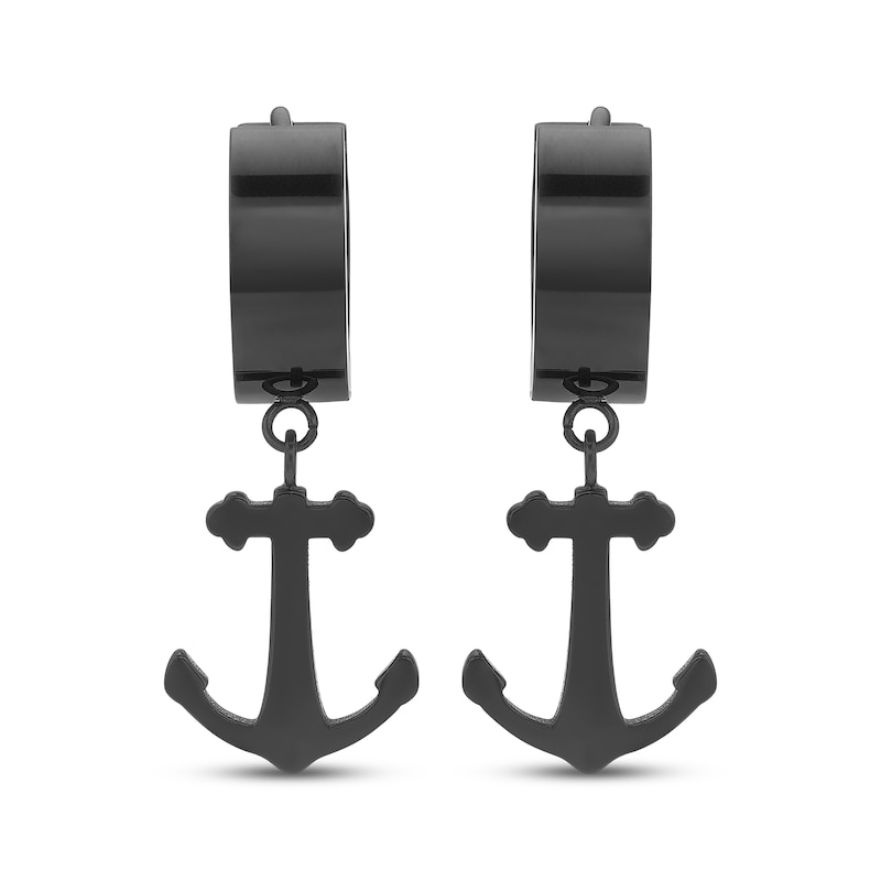 Main Image 2 of Men's Anchor Dangle Huggie Hoop Earrings Black Ion-Plated Stainless Steel