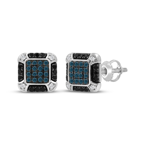 Men's Blue, Black & White Multi-Diamond Stud Earrings 1/2 ct tw Sterling Silver