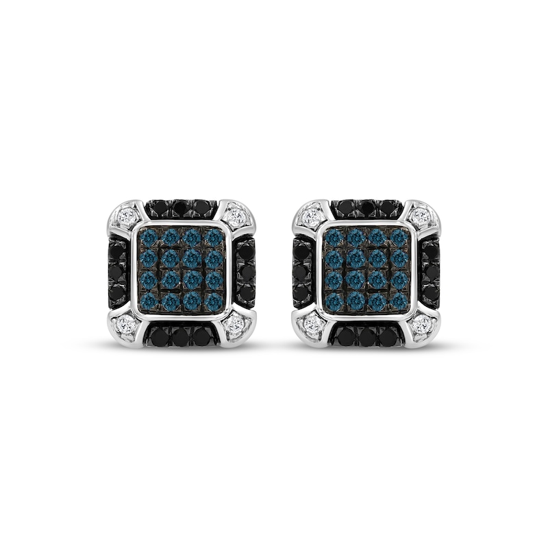 Main Image 2 of Men's Blue, Black & White Multi-Diamond Stud Earrings 1/2 ct tw Sterling Silver