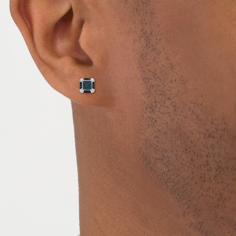 Main Image 3 of Men's Blue, Black & White Multi-Diamond Stud Earrings 1/2 ct tw Sterling Silver