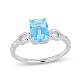 Emerald-Cut Natural Swiss Blue Topaz & White Lab-Created Sapphire Ring Sterling Silver