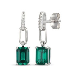 Emerald-Cut Lab-Created Emerald & White Lab-Created Sapphire Drop Earrings Sterling Silver