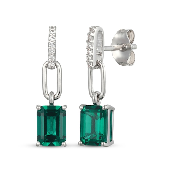 Emerald-Cut Lab-Created Emerald & White Lab-Created Sapphire Drop Earrings Sterling Silver