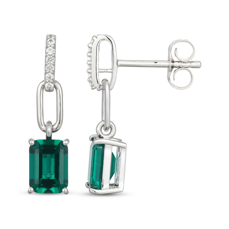 Main Image 2 of Emerald-Cut Lab-Created Emerald & White Lab-Created Sapphire Drop Earrings Sterling Silver