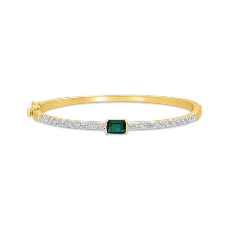 Main Image 1 of Emerald-Cut Lab-Created Emerald & White Lab-Created Sapphire Bangle Bracelet 10K Yellow Gold