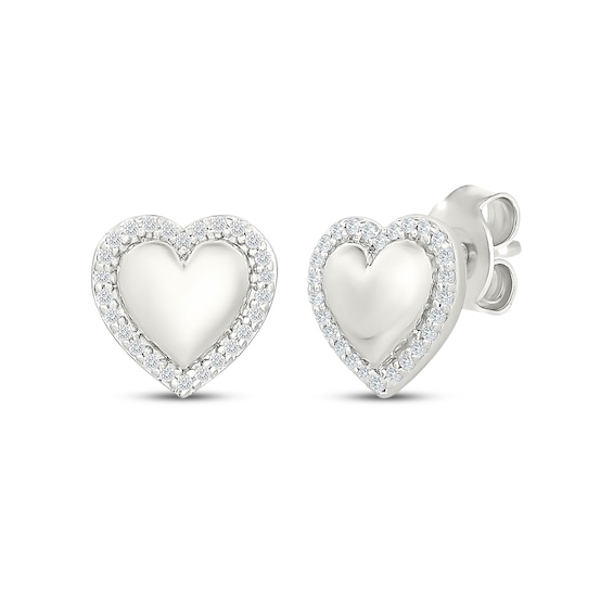 Diamond Frame Puff Heart Stud Earrings 1/10 ct tw Sterling Silver