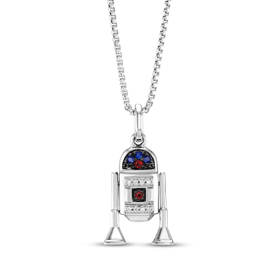 Star Wars R2-D2 Garnet, Blue Lab-Created Sapphire & Diamond Accent Necklace Sterling Silver 18"