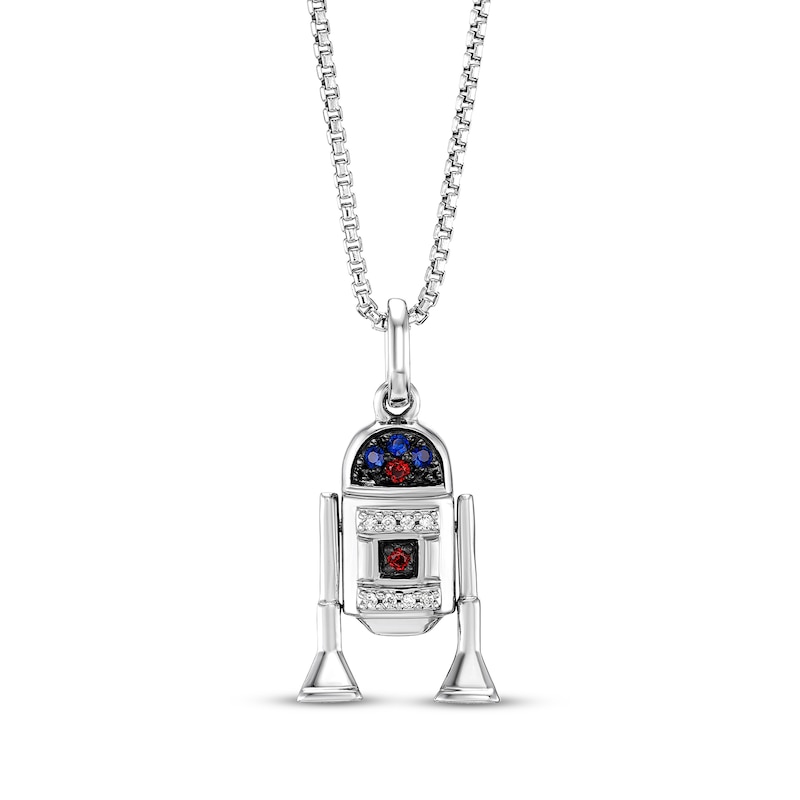 Main Image 1 of Star Wars R2-D2 Garnet, Blue Lab-Created Sapphire & Diamond Accent Necklace Sterling Silver 18"