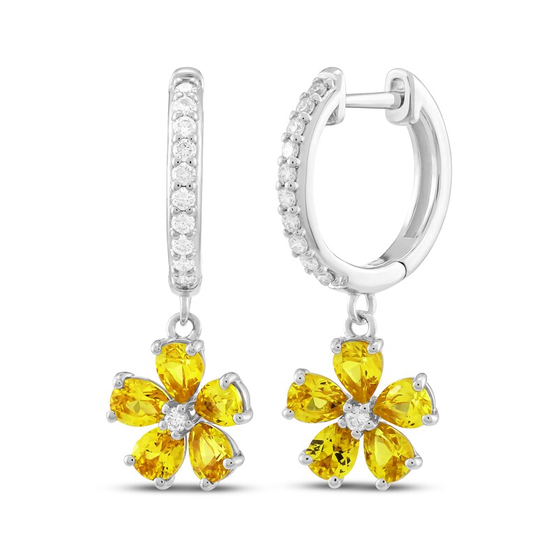 Main Image 1 of Pear-Shaped Yellow Lab-Created Sapphire & White Lab-Created Sapphire Flower Dangle Hoop Earrings Sterling Silver