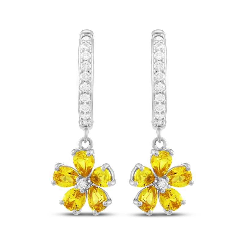 Main Image 2 of Pear-Shaped Yellow Lab-Created Sapphire & White Lab-Created Sapphire Flower Dangle Hoop Earrings Sterling Silver