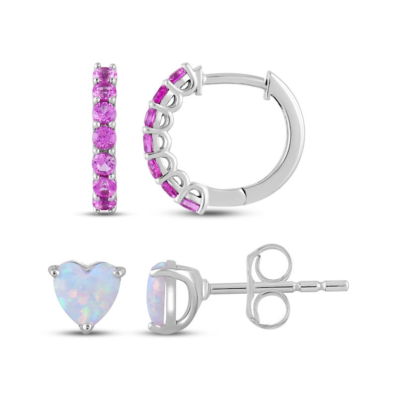 Main Image 1 of Pink Lab-Created Sapphire & Heart-Shaped Lab-Created Opal Earrings Set Sterling Silver