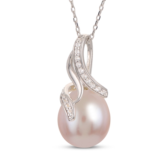 Oval Pink Cultured Pearl & White Topaz Necklace Sterling Silver 18"