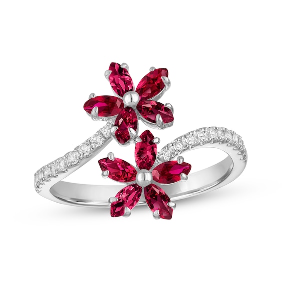 Marquise-Cut Lab-Created Ruby & White Lab-Created Sapphire Flower Bypass Ring Sterling Silver